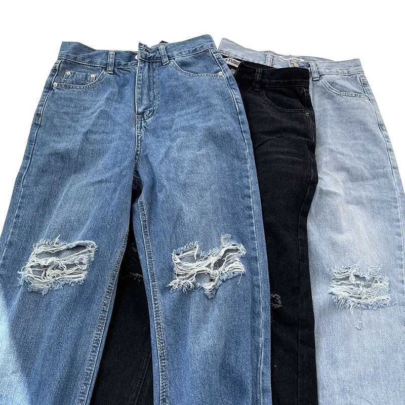 

Vintage Ripped Jeans Women High Waisted 2021 Baggy Hollow Out Straight Wide Leg Long Pants Denim Distressed Bleached Trousers