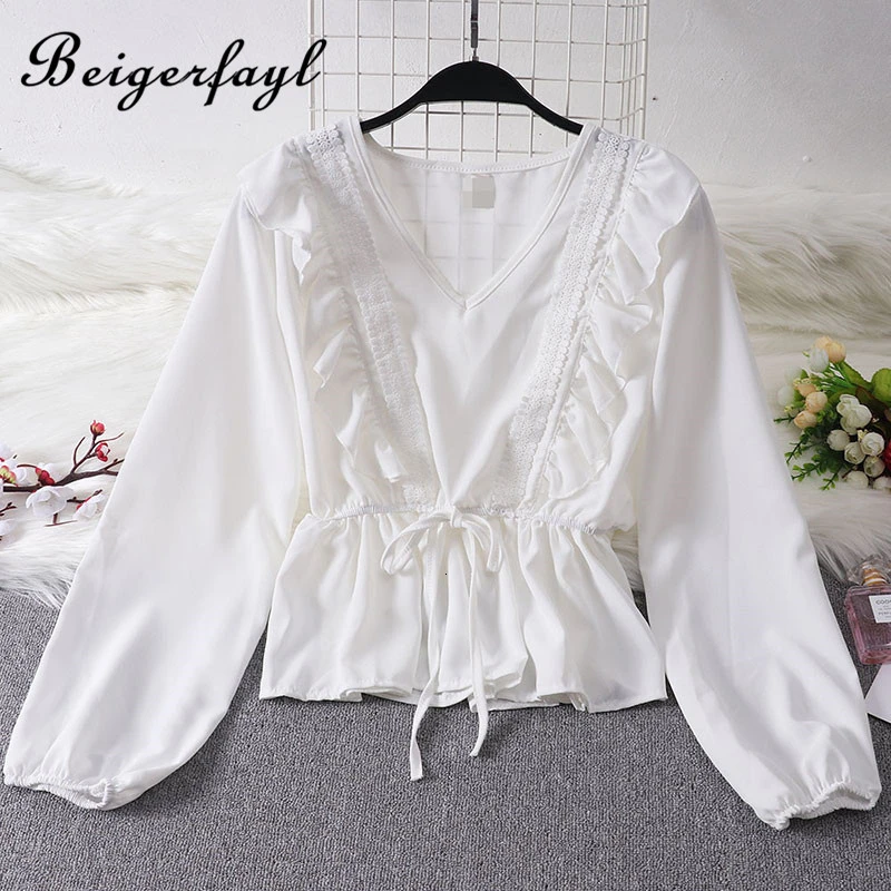 Beigerfayl 2019 новые женские блузки Mujer De Moda осень плотный шифон цвет Lotus вставки