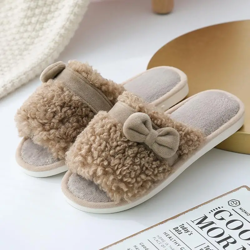 

Autumn Winter New Style Plush Lady Slippers Indoor Non-slip Heat Preservation Adds Plush Slippers Lovely Bowknot Cotton Slippers
