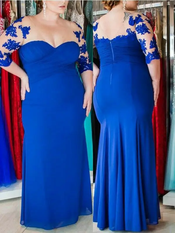 

Elegant V-Neck Long Lace Mother of the Bride Dresses with Sleeves Mermaid Royal Blue Floor Length Wedding Party Dress for Women