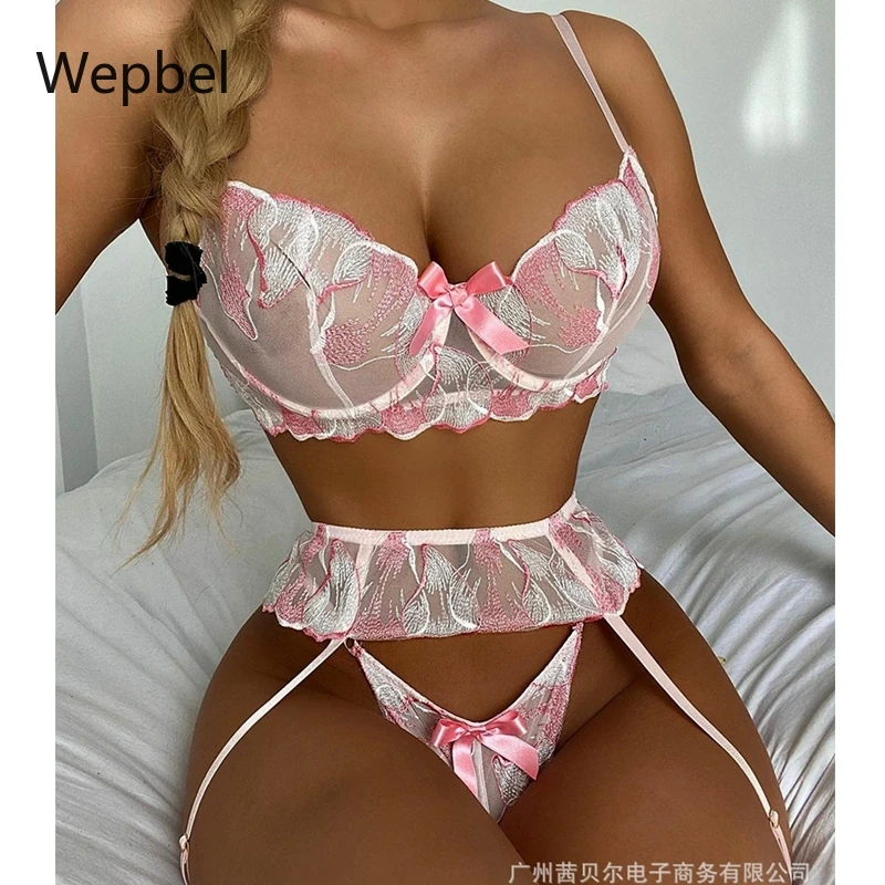 

Wepbel Transparent Exotic Underwire Lace Bra Set Sexy Embroidery Suit Lingerie Underwear Panty Bandage Set Thong Suit