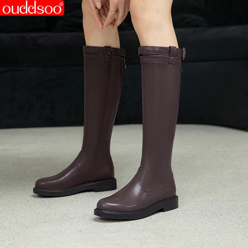 

ODS Black Brown Platform Leather Boots Slip On Round Toe Women's Boots Knight Boots Flat Shoes Zipper For Women Big Size 43