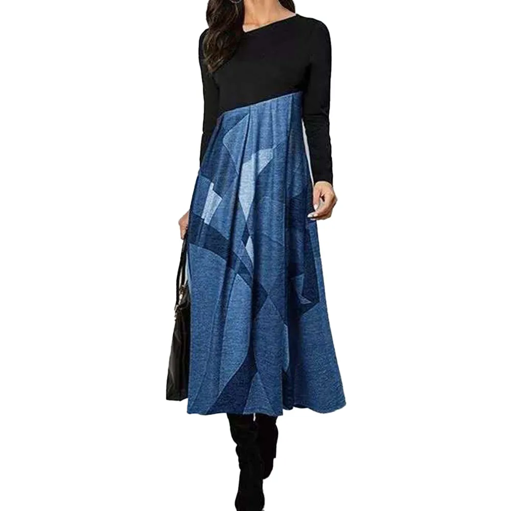 

Western Style Fashion Ladies Dress 20221 Temperament Loose Casual Printing Splicing Pleated V-neck Long Sleeve Spring Summer