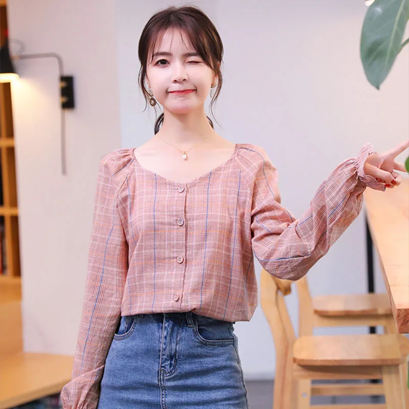 

Женский хлопковый однобортный Топ с рукавами-фонариками и круглым вырезом