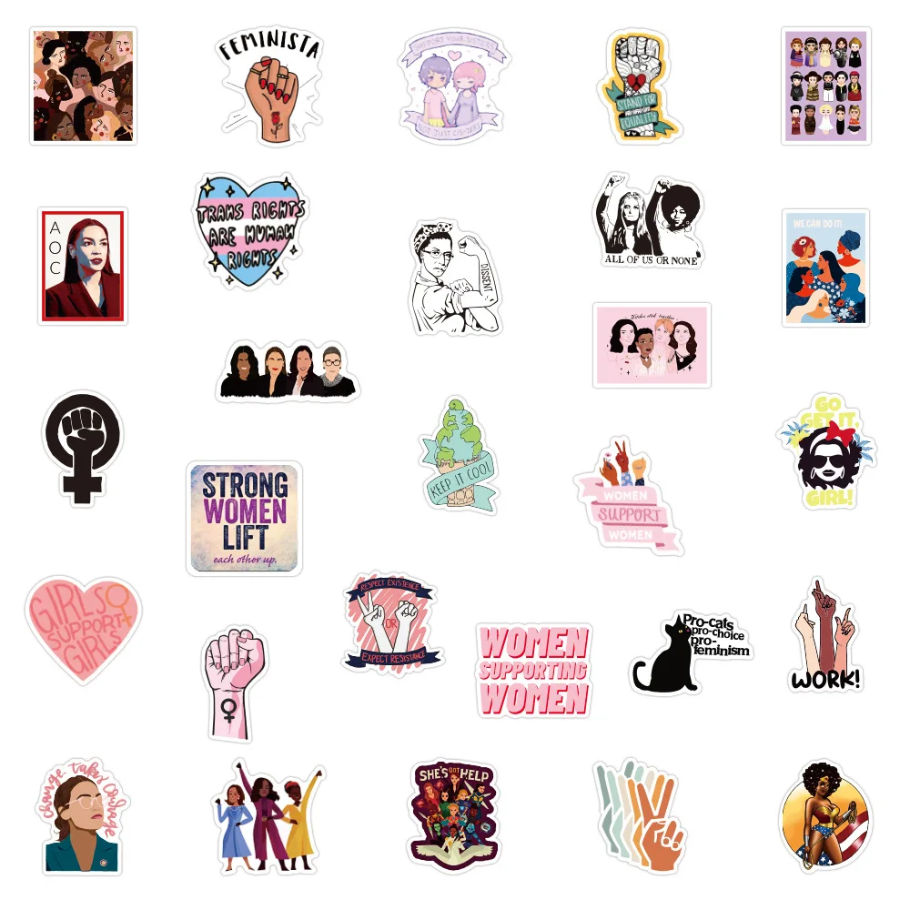 Pegatinas de dibujos animados de apoyo feminista para mujer, 10/30/50 uds, nevera, guitarra, port&aacute;til, motocicleta, viaje, impermeable-4