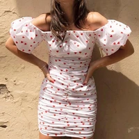 flower print spring fashion new womens love print one shoulder five point sleeves embroidery dress pleated hip dress female