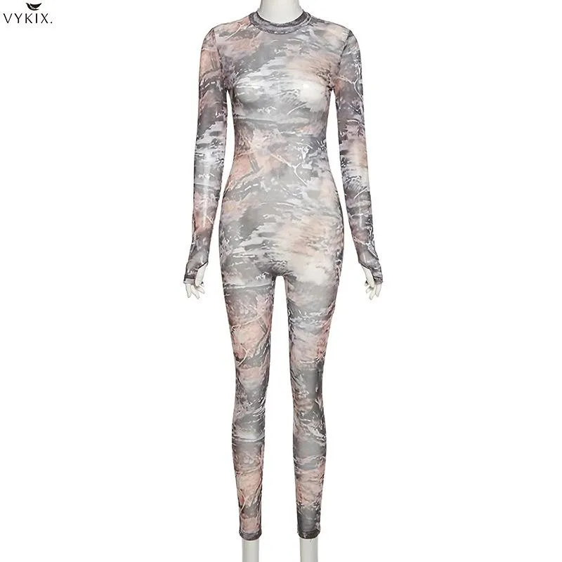 

2021 Vintage Tie Dye 3d Printing Bodycon Rompers Womens Jumpsuits Fall Chic Casual Streetwear Clubwear Stretchy Sporty Overalls