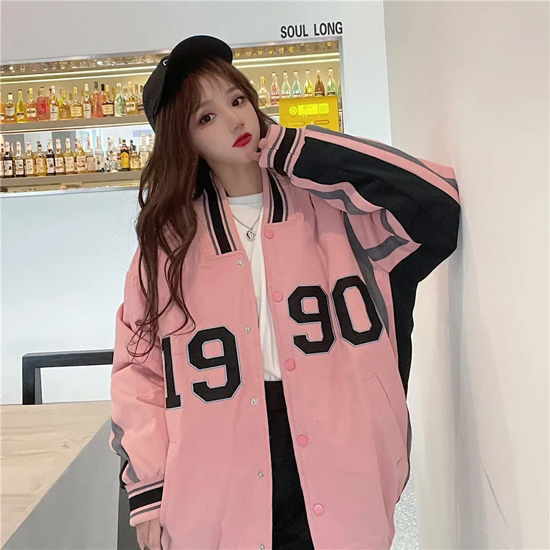 

Bomber Jacket Oversize Slim Pink Baseball Jacket Harajuku Button Women's Spring Jacket Varsity Women's Jackets Korean Fashion
