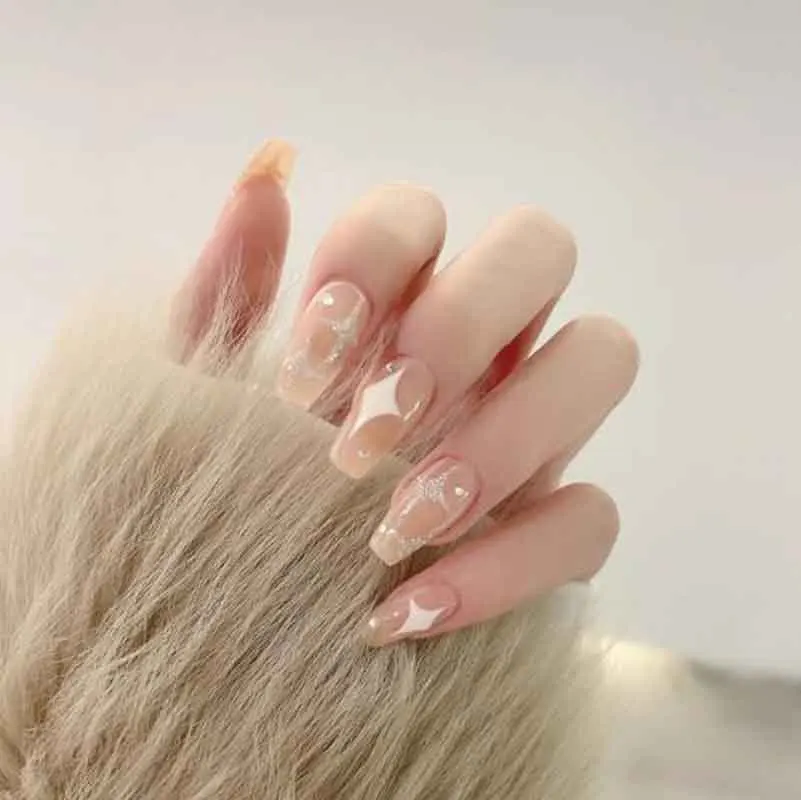 

24Pcs Fashion Cute Star Finished Nail Patch Wearable DIY Full Cover French Finger Press On Nail Artificial Manicure With Glue