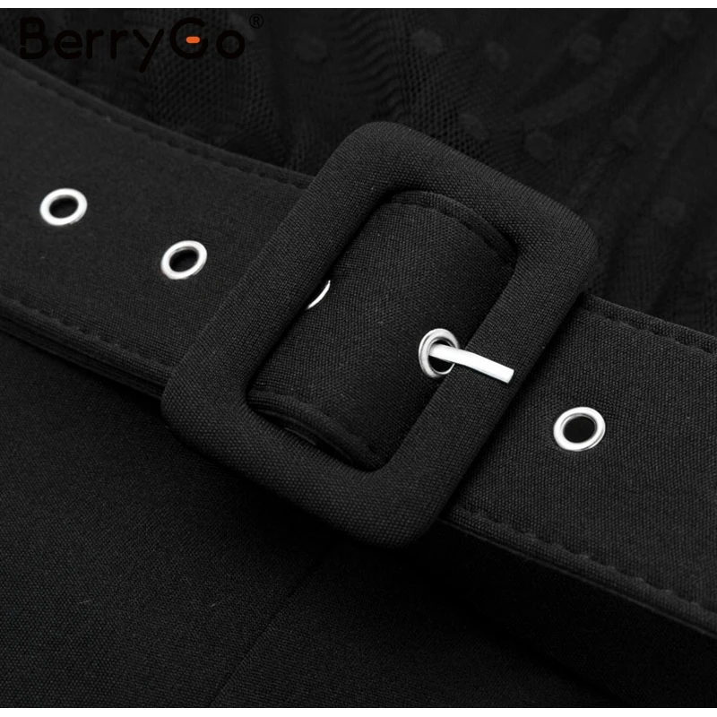 BerryGo сексуальное Полосатое кружевное женское платье в горошек черная поясная оболочка вечернее платье с пышными рукавами осенне-зимнее офисное женское платье