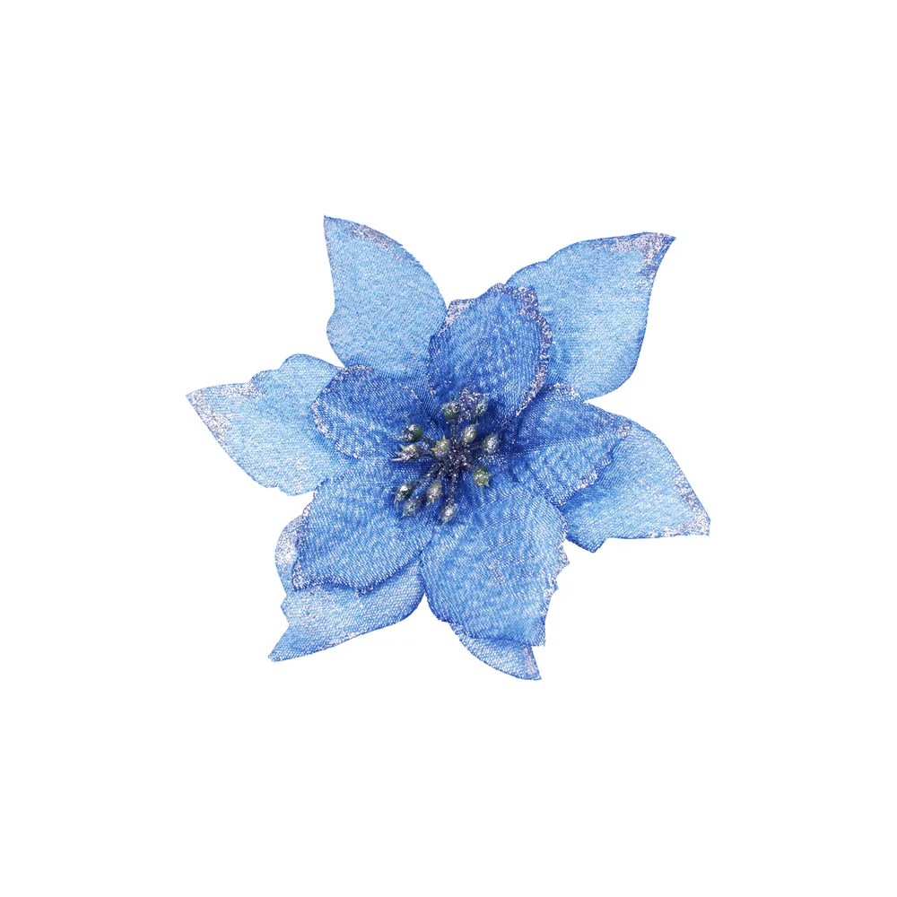 Blue(13cm) 12pcs/lot Artificial Christmas Flowers Plastic&Cloth Glitter Hollow Flower For Christmas Tree Decoration DIY Xmas New Year Decor - Цвет: Blue(13cm)