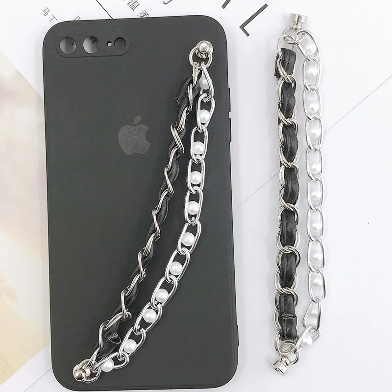 

Simple Black And White With Double Chain Pearl Clip Leather Bracelet DIY Hand-Woven Chain Mobile Phone Case Jewelry Accessories