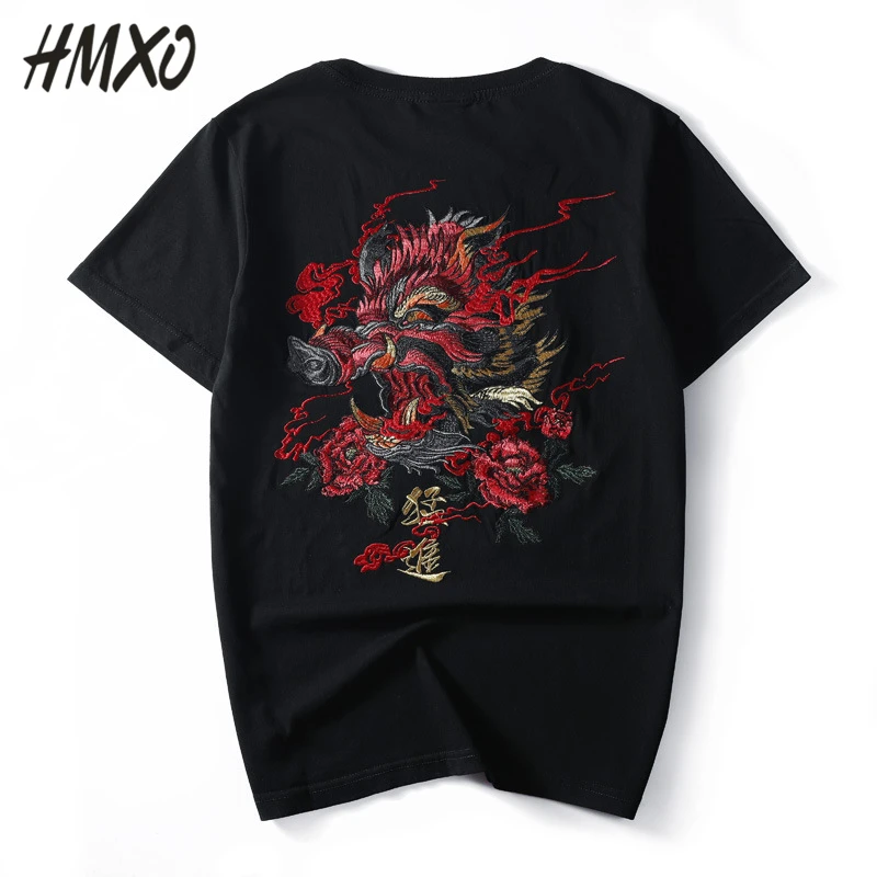 HMXO новая модная мужская футболка с вышивкой в китайском стиле круглый вырез