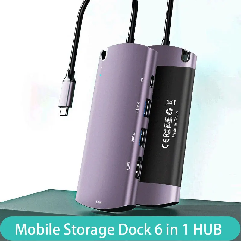 

USB C HUB 6 Ports with M.2 NGFF Hard Disk Box Type-C to HDMI 4K RJ45 Adapter PD USB 3.0 HUB Type C Dock for MacBook Pro OTG