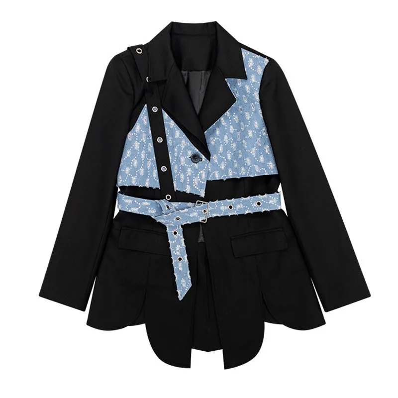 

DEAT Women Asymmetric Splicing Sashes Blazer New Notched Long Sleeve Loose Fit Jacket Fashion Tide Spring Autumn 2021 GX575