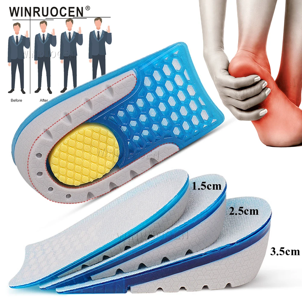 

Winruochen 1 пара мягких силиконовых гелевых стелек, увеличивающих рост стельки для пяток, шпоры, боль в ноге, Подушка унисекс 1,5-3,5 см, массажные с...