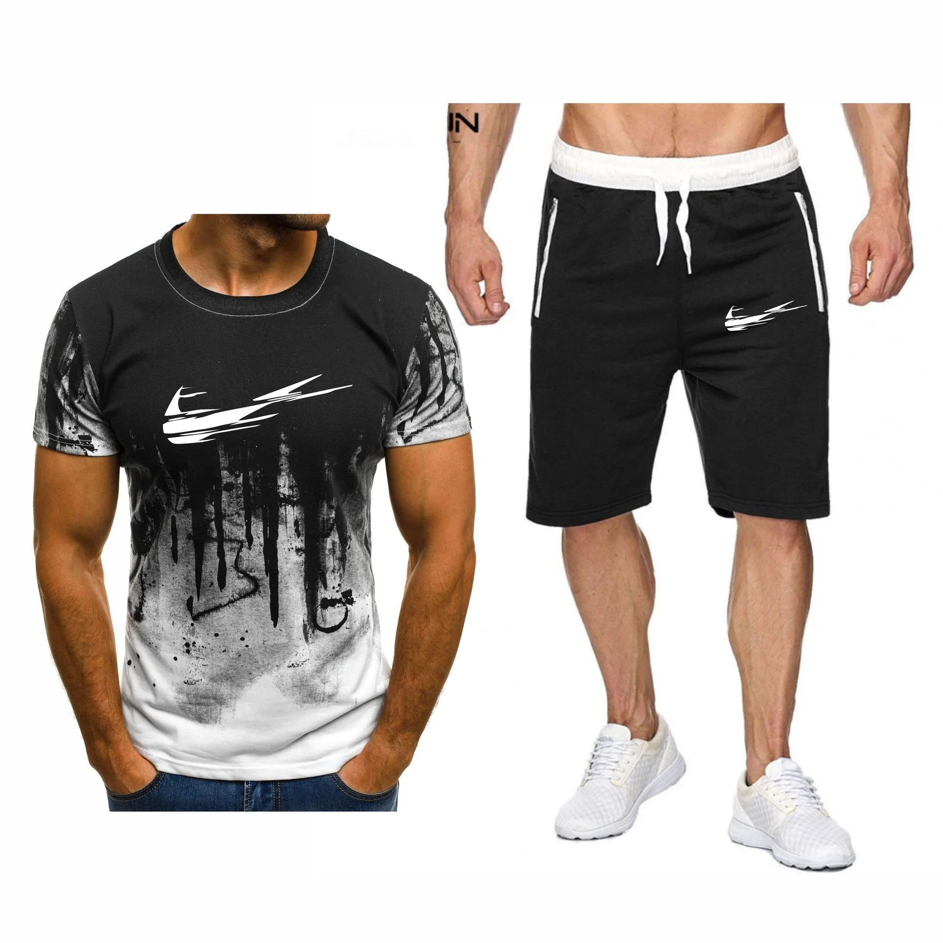 

2021 men's IКNIKEС fashion brand short sleeve drop ink casual suit summer boys' shorts fashion loose suit