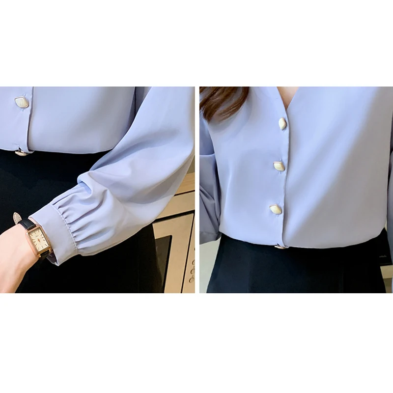 Осенняя блузка с длинным рукавом женская белая шифоновая отложным воротником