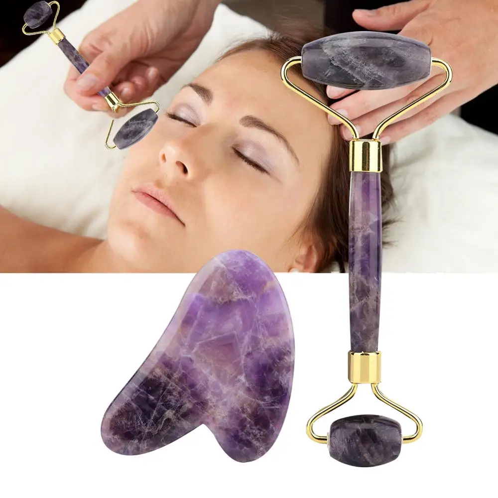 

Natural Amethyst Double Head Jade Stone Roller & Guasha Scrapping Plate Face Massage Tool Kit Anti Wrinkle Slimming Face Lifting