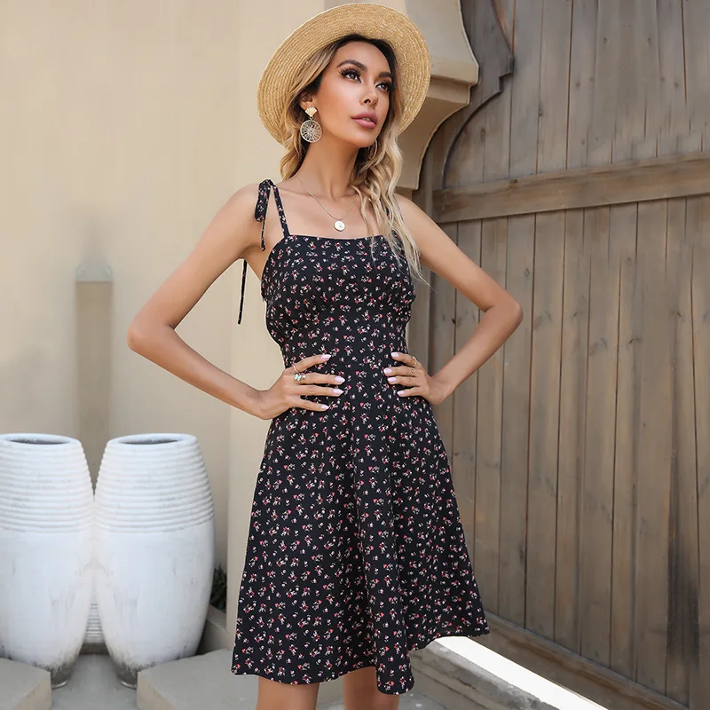 

2021 Summer Dress Women Spaghetti Strap Floral Sleeveless Dresses Beach Sundress Chiffon A-line High Street Style Sexy Clothes
