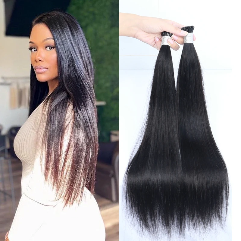 Brazilian Straight Human Hair I Tip Microlinks Extensions For Women 1/2/3 Bundles Hair Bulk Virgin Hair Natural Black Color