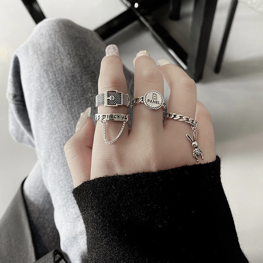

Trend Cross Chain Hiphop Rings for Women Men Vintage Silver Color Adjustable Opening Rings Gothic Street Rock Accessories Gift