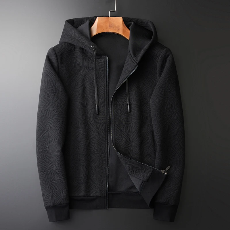 

Minglu Jacquard Solid Color Sweatshirt Male Luxury Zipper Hooded Sweatshirt Men Spring And Autumn Slim Fit Mens Hoodies 4XL