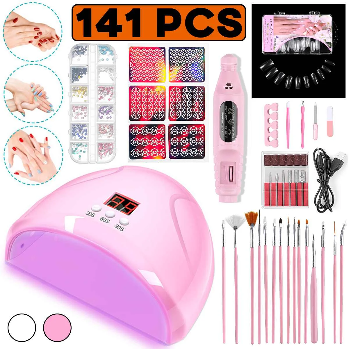 

141PCS White/Pink Professional Nail Dryer Polisher Tips Brushes Decoration Tools Nail Art Set Drying Nail Lamp Manicure Tools