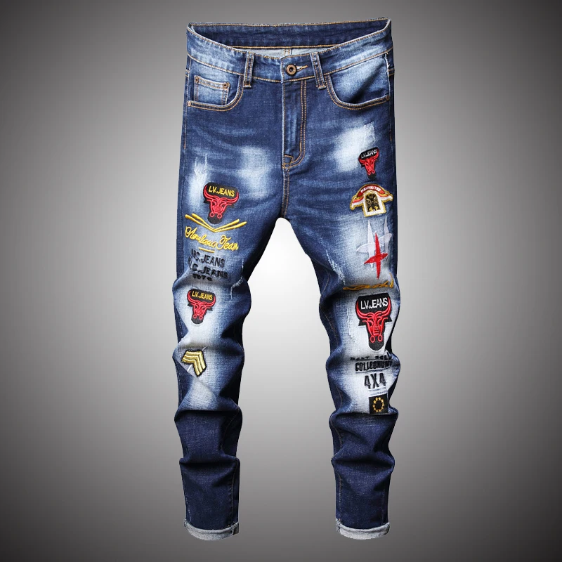 2020 новые модные джинсы с вышивкой джинсовые брюки для мужчин цветочной
