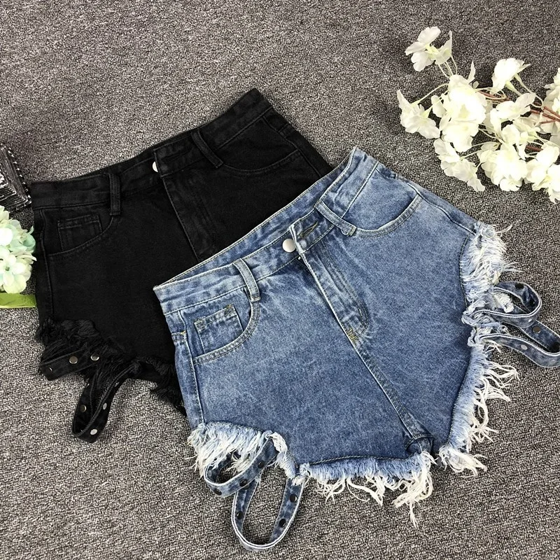 Женские джинсовые шорты с бахромой черные или синие в стиле Харадзюку весна 2019 |