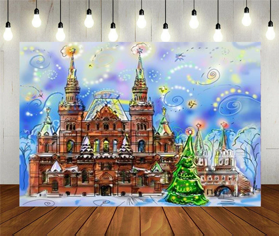 

Photo Studio Props Photography Backdrop Cartoon With City View Snowfall Vintage Card For Kids Birthday Party Vinyl Background