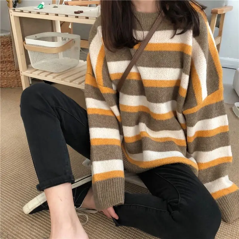 

Trendy striped round neck sweater cashmere warm sweater winter ladies long sleeve large size sweater