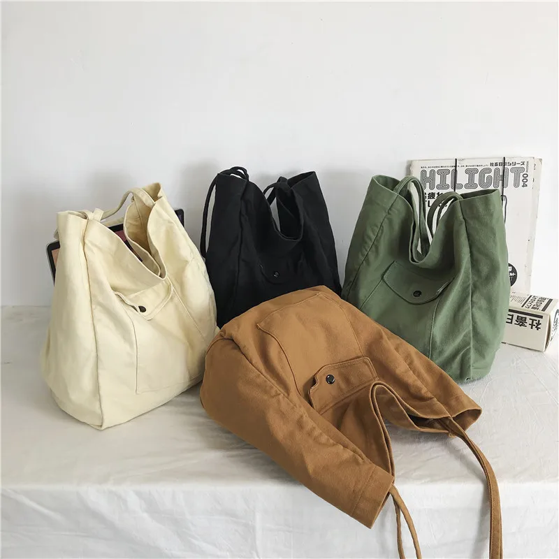 

Pure Color Canvas Tote Bag Large Capacity Shopping Handbag Women Solid Color Shoulder Bags Portable Street Travel Pouch Satchel