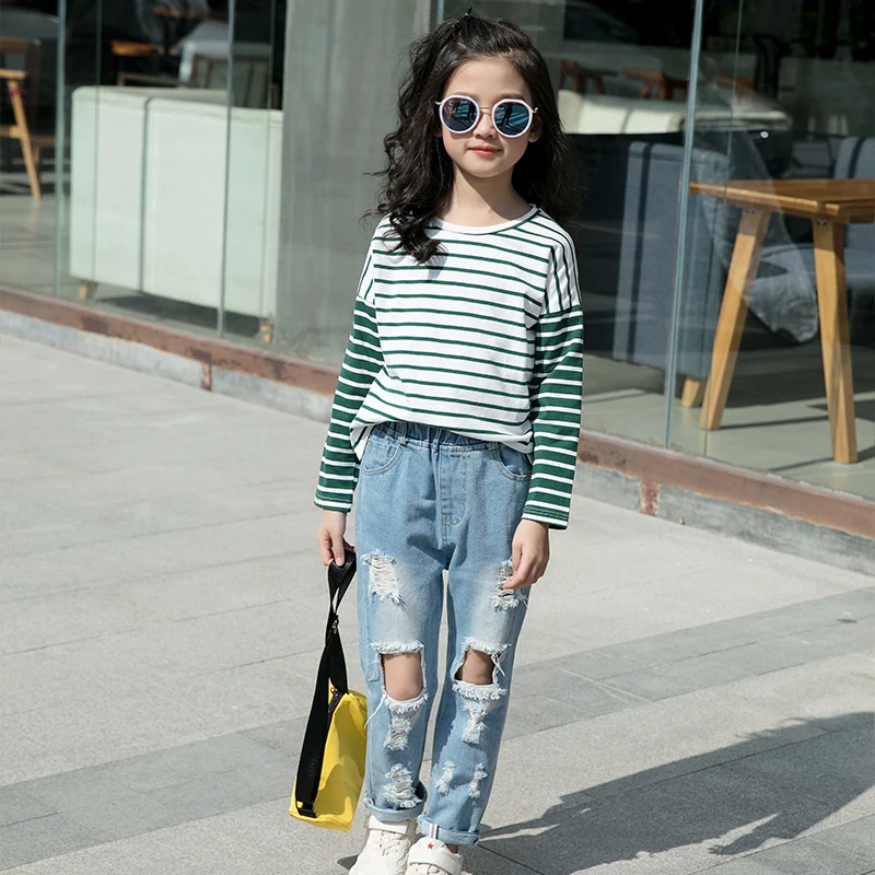 Детская футболка для девочек хлопковая в полоску с длинными рукавами подростков