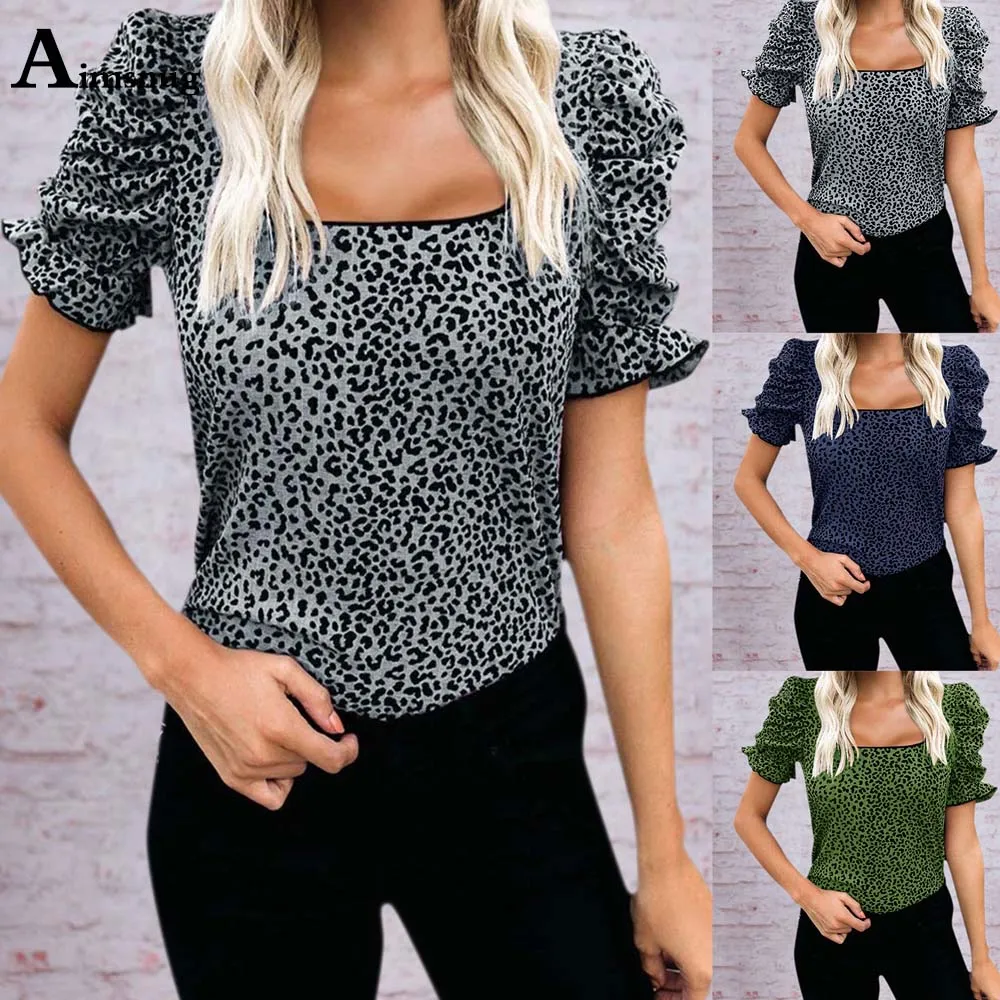 

Ladies Elegant Leisure Casual Butterfly Sleeve T-shirt New Fashion Leopard Print Tops Sexy Women Clothing 2021 Summer Tees shirt