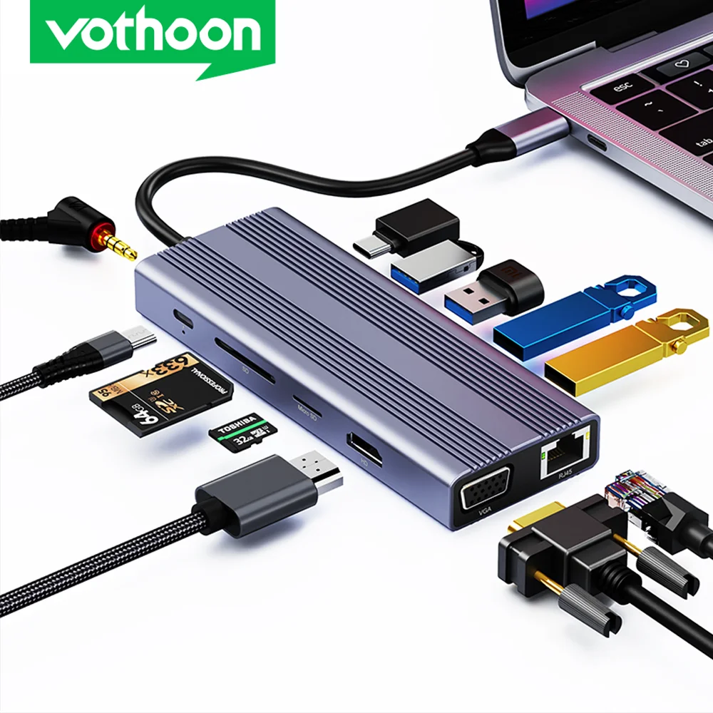 

Vothoon 12 in 1 Type C USB Hub to Gigabit Ethernet With 100W PD Charging Docking Station For Laptops MacBook Pro Air USB C Hub