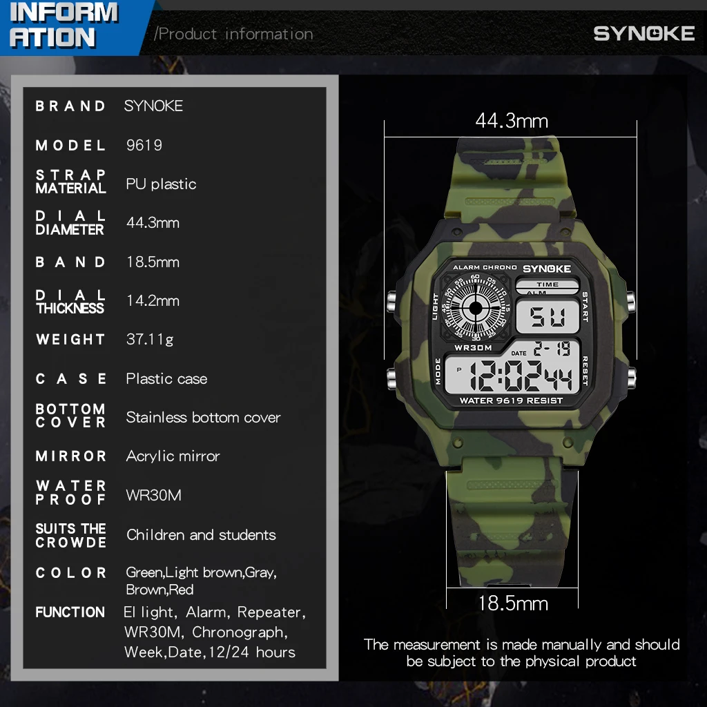 SYNOKE Children Digital Watches Sports Camouflage Military Stop Colorful Luminous Display Waterproof Kids | Наручные часы