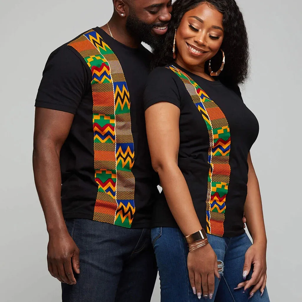 

40#Couple Clothes Summer Blouse Women African Print Ethnic Blouse O-neck Short Sleeve Casual Tee Tops For Women Men chemisiers