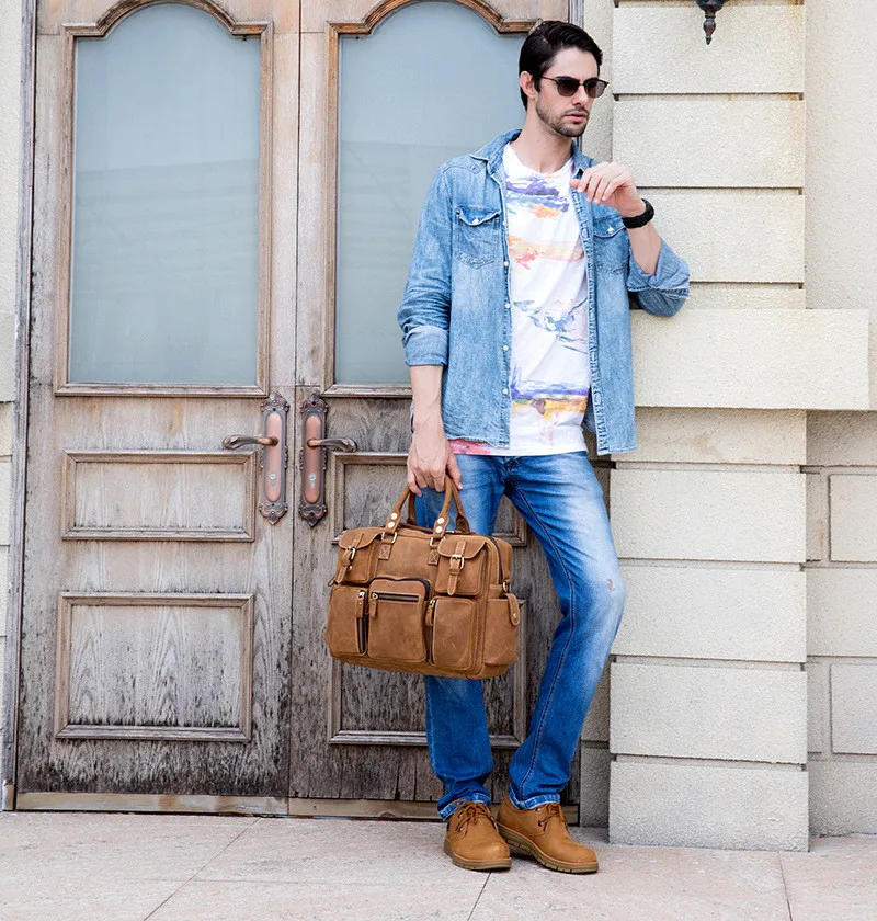 Vintage crazy horse cowhide men's briefcase business travel genuine leather handbag multi-pocket laptop shoulder messenger bag