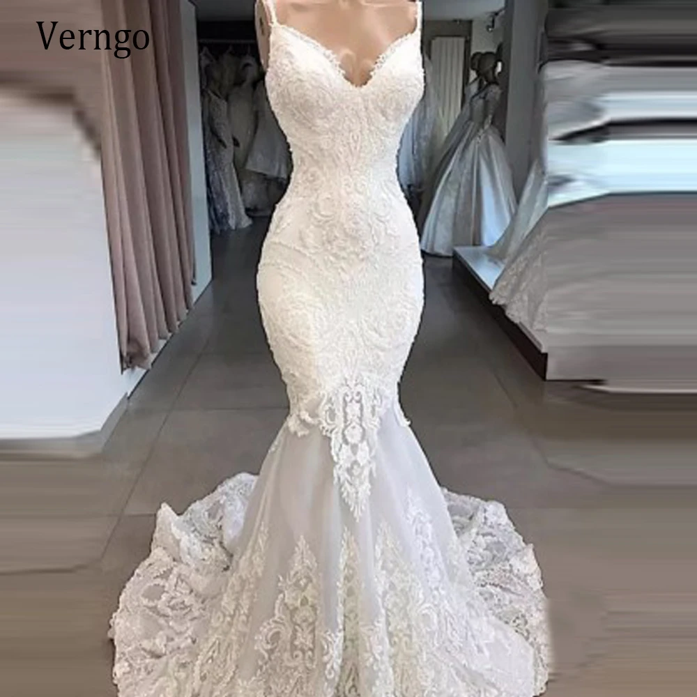 

Verngo Modern Mermaid Lace Wedding Dress Spaghetti Straps Sleeveless Sweep Train Chic Bridal Gowns Custom Made Vestido de noiva