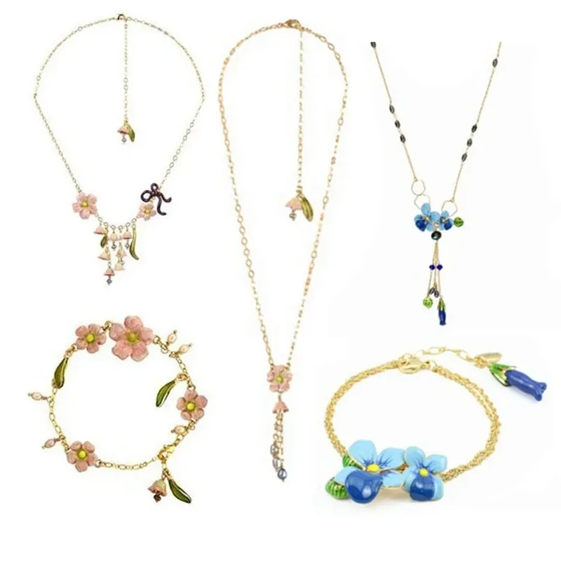 

European and American Fashion Pink Orchid Series Set Enamel Color Glaze Blue Flower Tassel Long Necklace Bracelet Jewelry Female