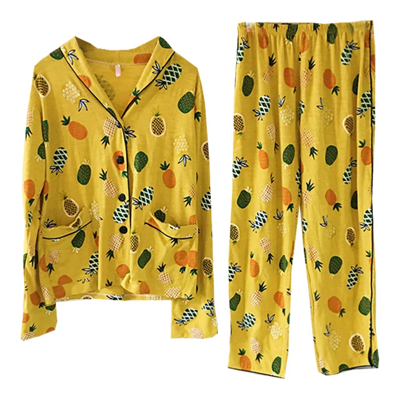 

Pyjama Long Women Nightwear Cotton Pineapple Harajuku Pajamas Shirt Schlafanzug Damen Tropical Set Pyjama Woman Sleep Wear