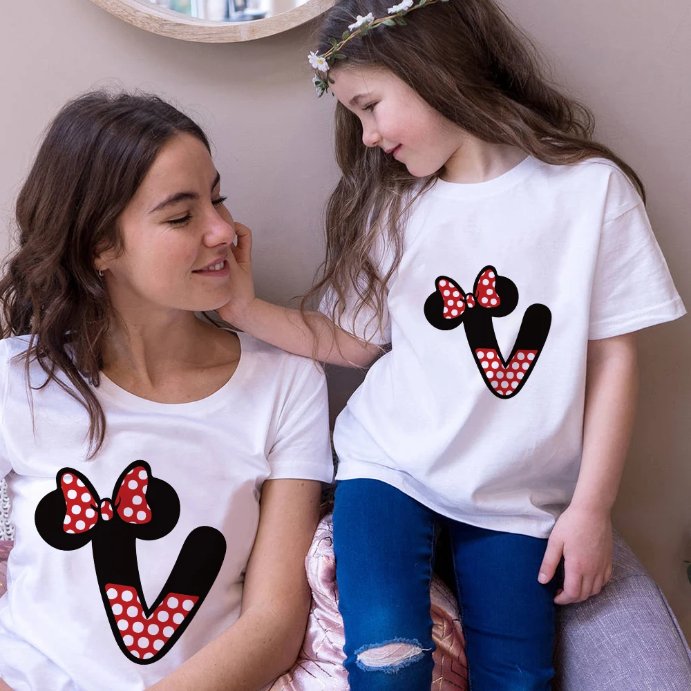 Mickey Mouse Style Letters ABC Print Family Matching Clothes Outfits Mommy Daughter Summer Short Sleeve O-neck White Tee Shirts | Мать и