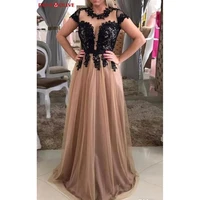 cap sleeves evening gown lace appliques tulle long prom dress champagne black formal a line o neck illusion see through