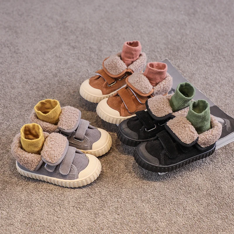 

Winter Children Warm Korean Style Boys Flanging Canvas Shoes Hook & Loop Solid Kids Fashion Flat Soft Girls Shoes Drop Shipping
