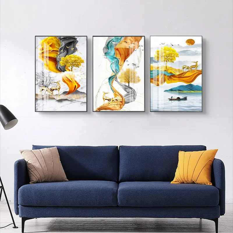 

Modern Gold Silk Elk Triptych Living Room Light Luxury Vertical Hanging Bedroom Decorative Painting Frameless Core
