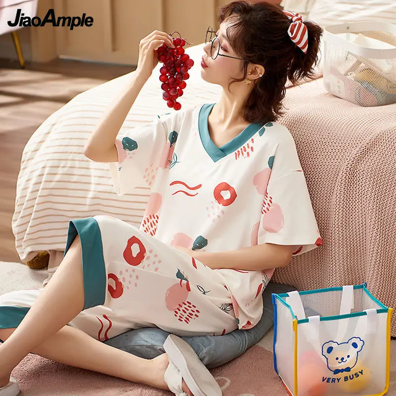 Pajamas Women's Comfortable Cotton Short-Sleeved Shorts Nightie Two-Piece Summer Thin Cute Sleepwear Set Sexy Homewear