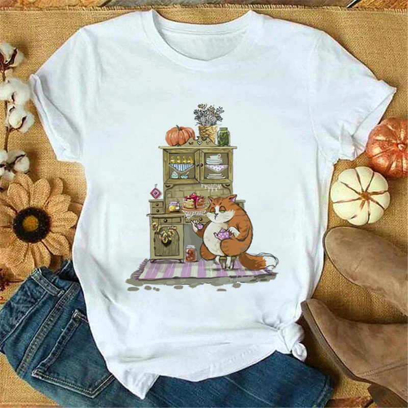 

Fashion New Lovely Cat T Shirt Harajuku Women Fashion Christmas Printed Short Sleeve T-shirt White Suitable All Seasons Tshirts