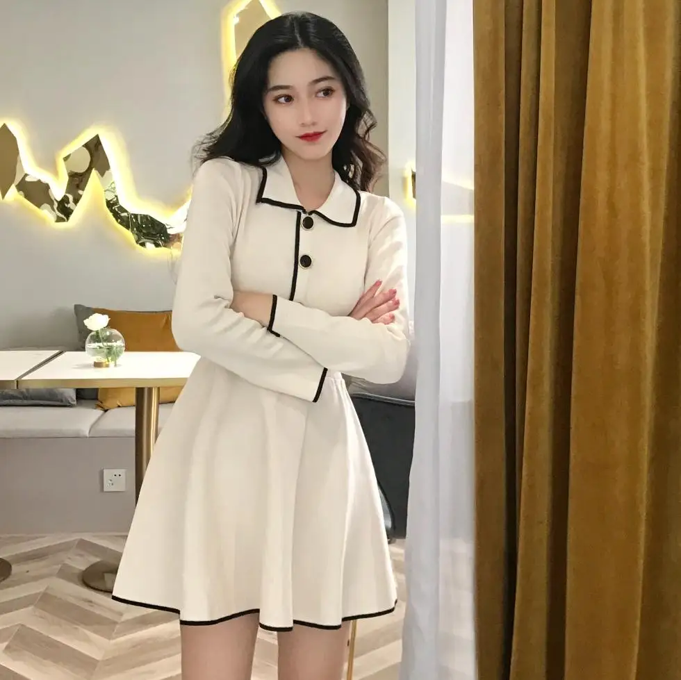 Женское белое мини платье в стиле Харадзюку Осеннее вечернее с длинным рукавом и