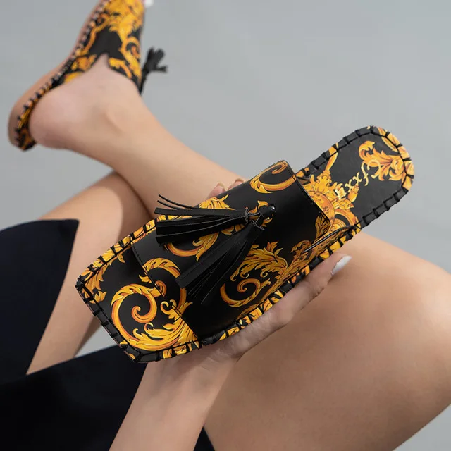 

New Women slippers Fashion Tassels Summer Shoes Brand Beach Slides Retro Mules Shoes For Women Flat Slipper Outdoor size 37-42